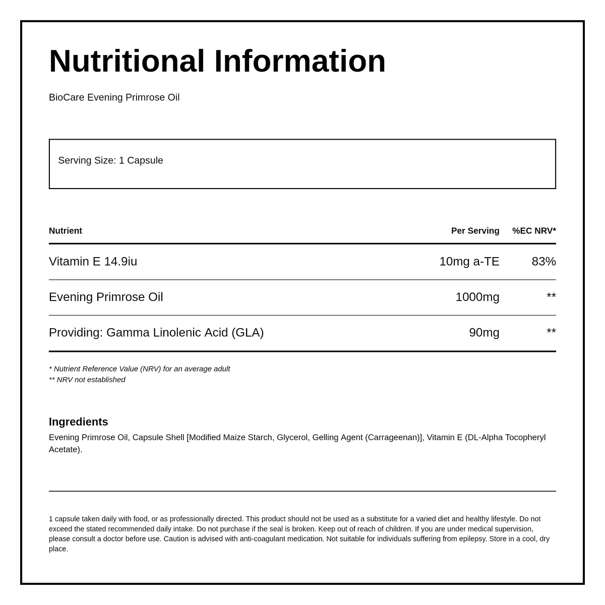 Biocare Evening Primrose Oil 30 Capsules — nutrition information panel, generated from the pack