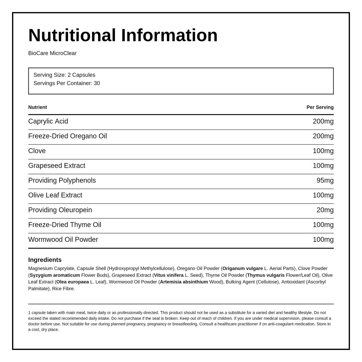 Biocare MicroClear — nutrition information panel, generated from the pack
