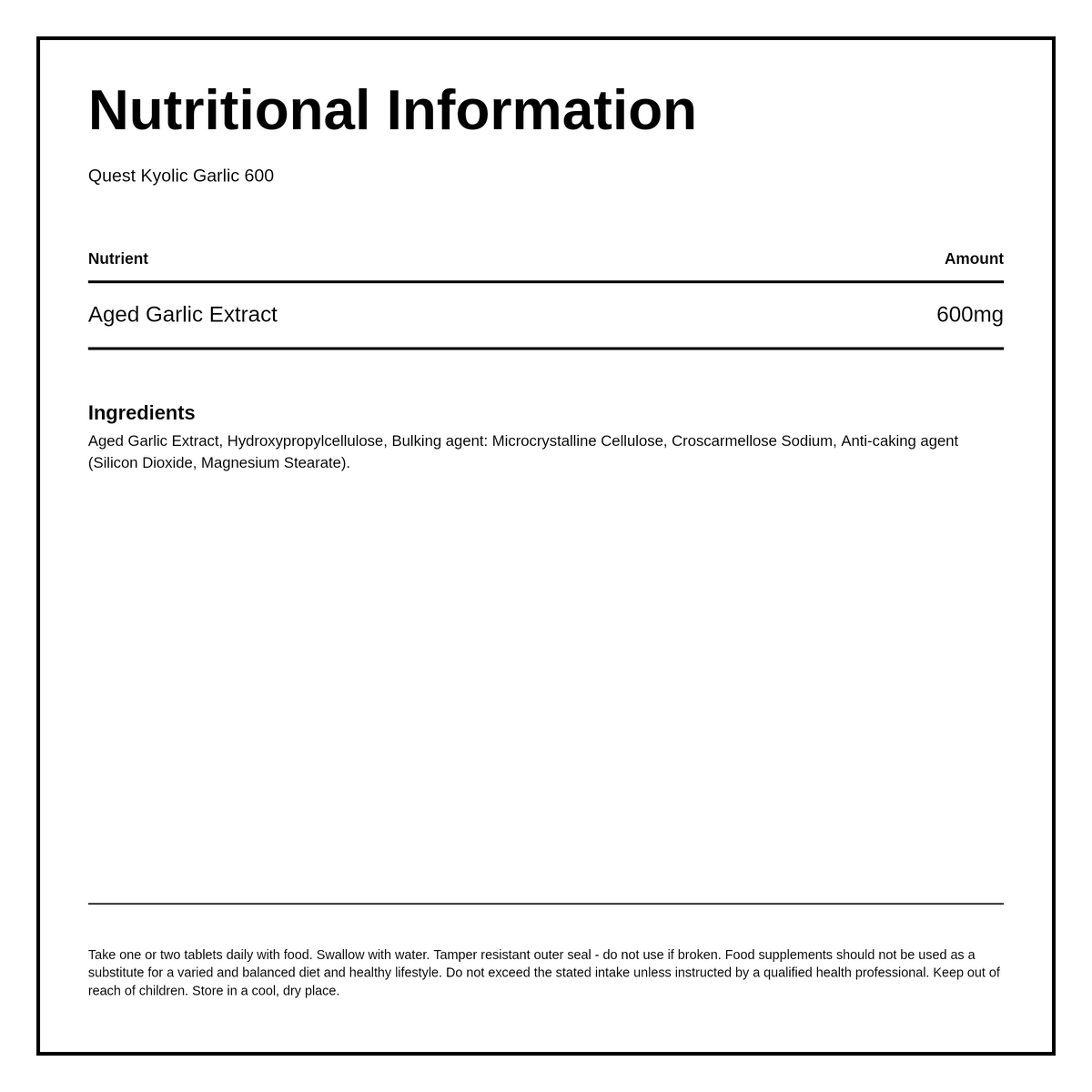 Quest KYOLIC GARLIC 600mg (50% EXTRA FREE) — nutrition information panel, generated from the pack