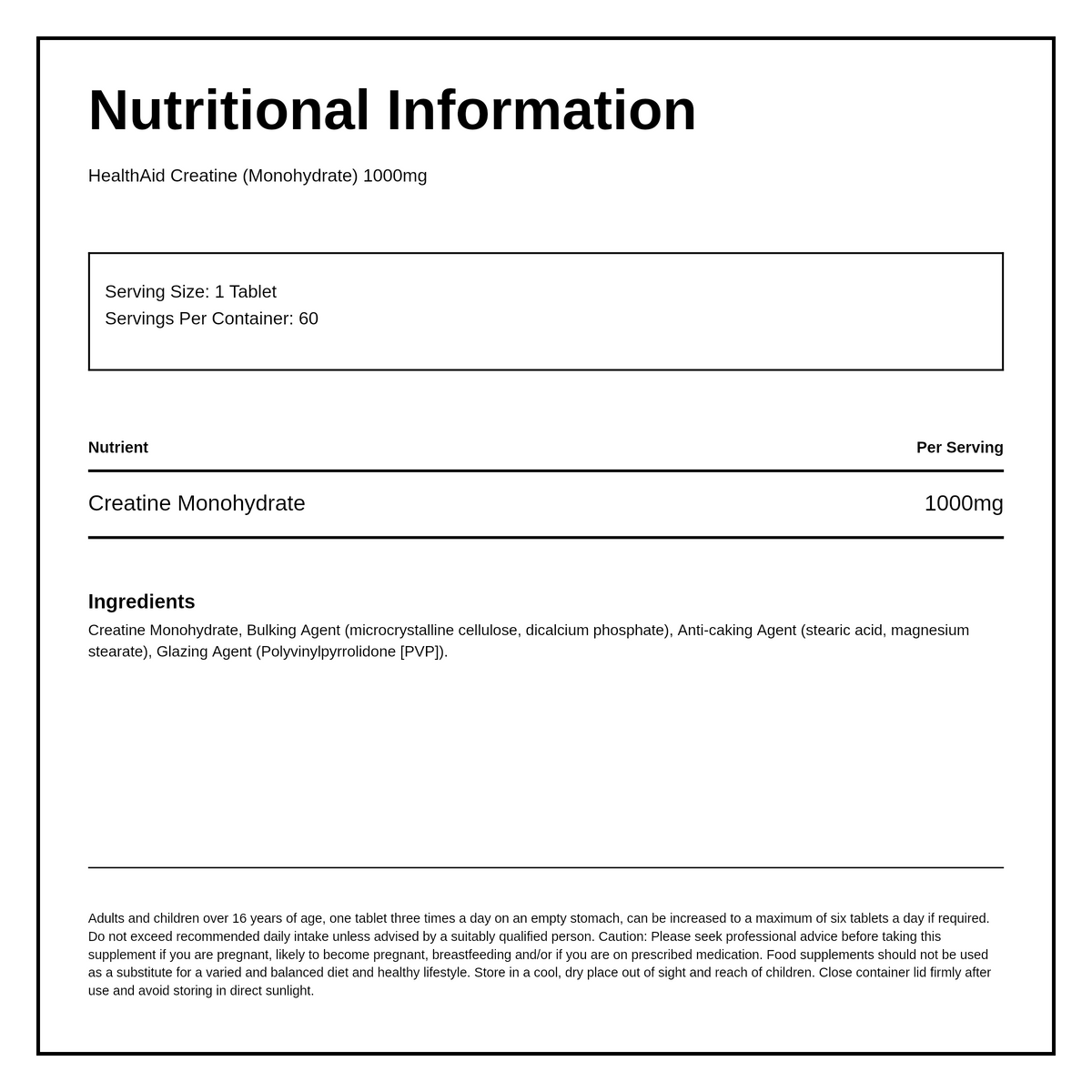 HealthAid Creatine Monohydrate 1000mg - 60 Tablets — nutrition information panel, generated from the pack