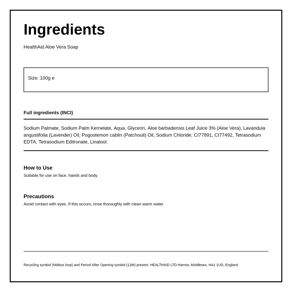 HealthAid Aloe Vera Soap — ingredients (INCI) panel, generated from the pack