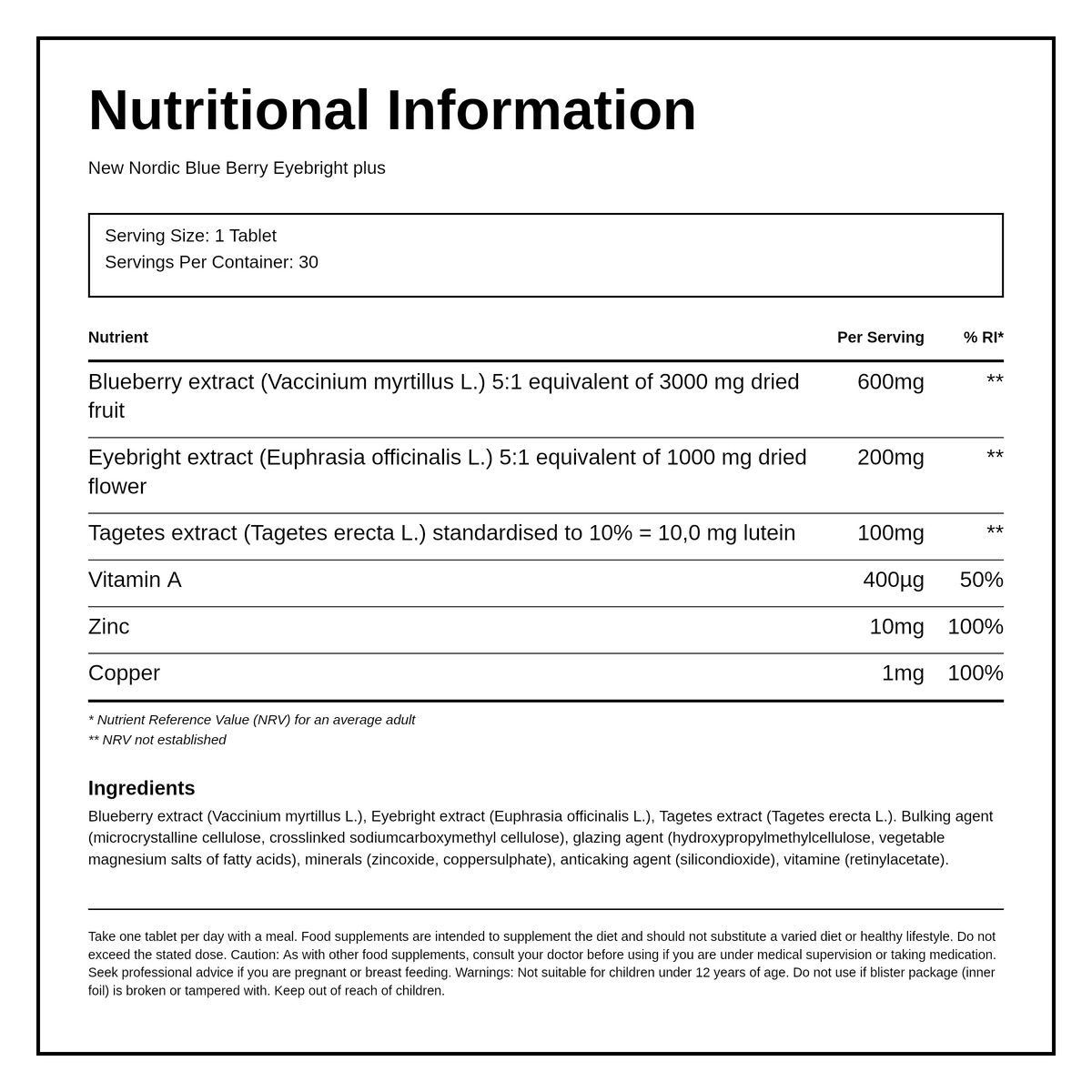 New Nordic Blueberry Mega OAD for vision & vitality 30 Tablets — nutrition information panel, generated from the pack