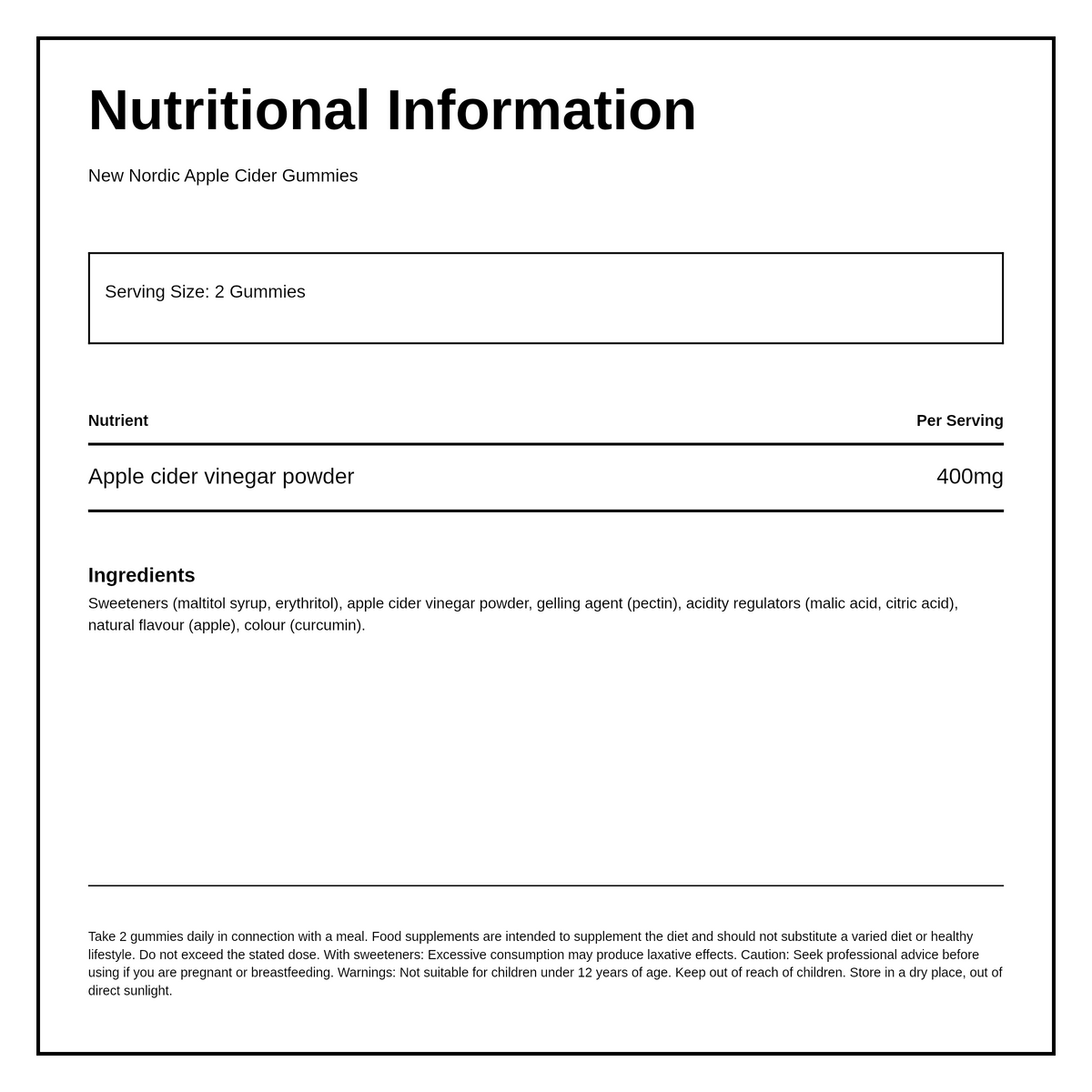 New Nordic Apple Cider Gummies — nutrition information panel, generated from the pack