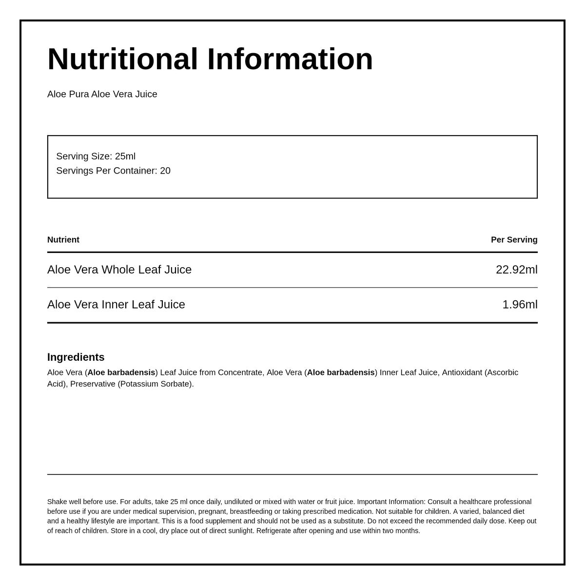 Aloe Pura Aloe Vera Juice Max Strength — nutrition information panel, generated from the pack