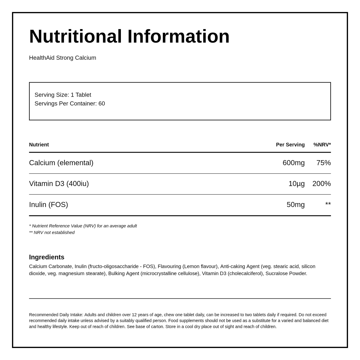 HealthAid Calcium 600mg Chewable Tablets — nutrition information panel, generated from the pack