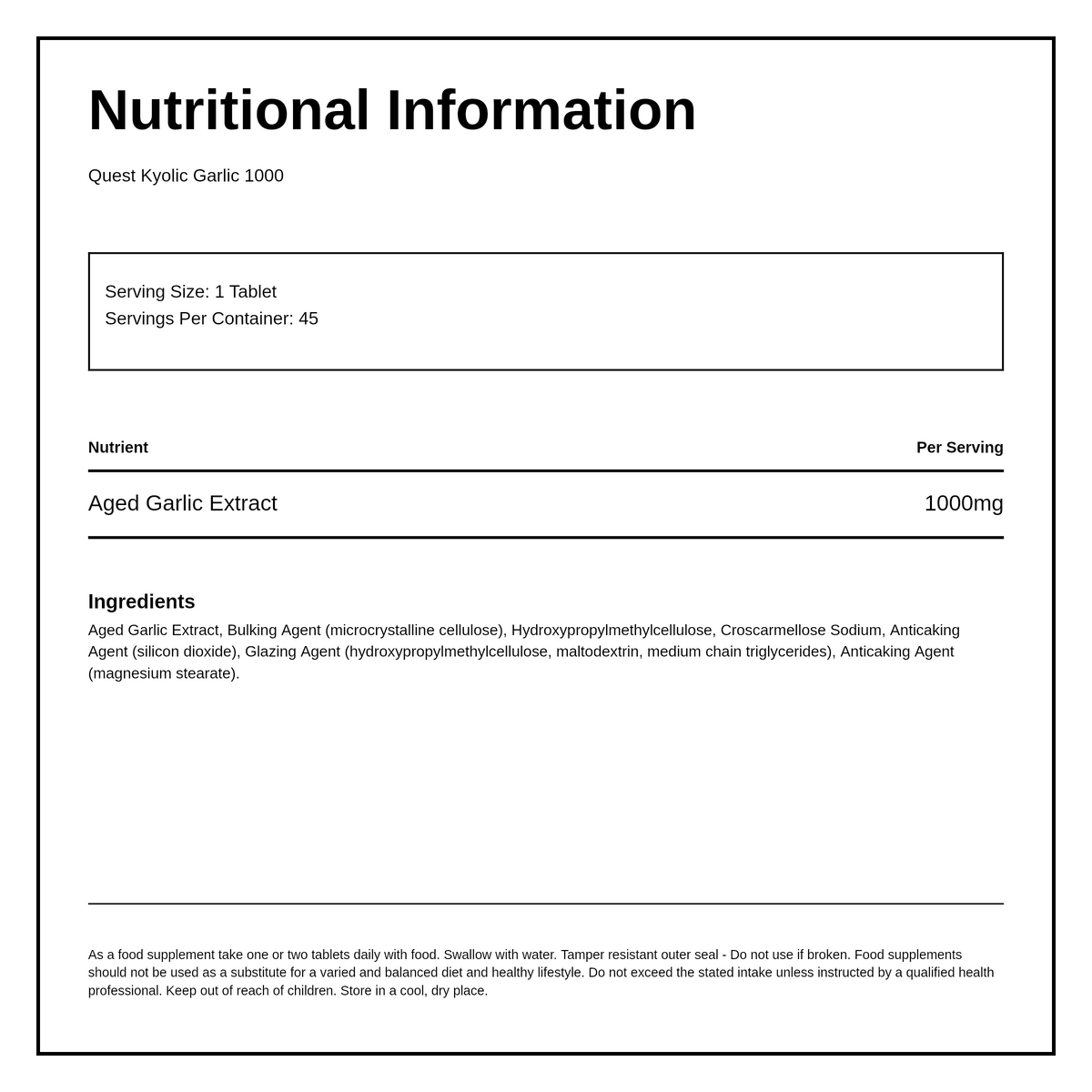 Quest KYOLIC GARLIC 1000mg (50% EXTRA FREE) — nutrition information panel, generated from the pack