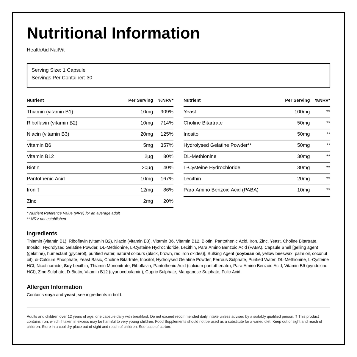 HealthAid NailVit (B Vitamins, Gelatine, PABA) — nutrition information panel, generated from the pack