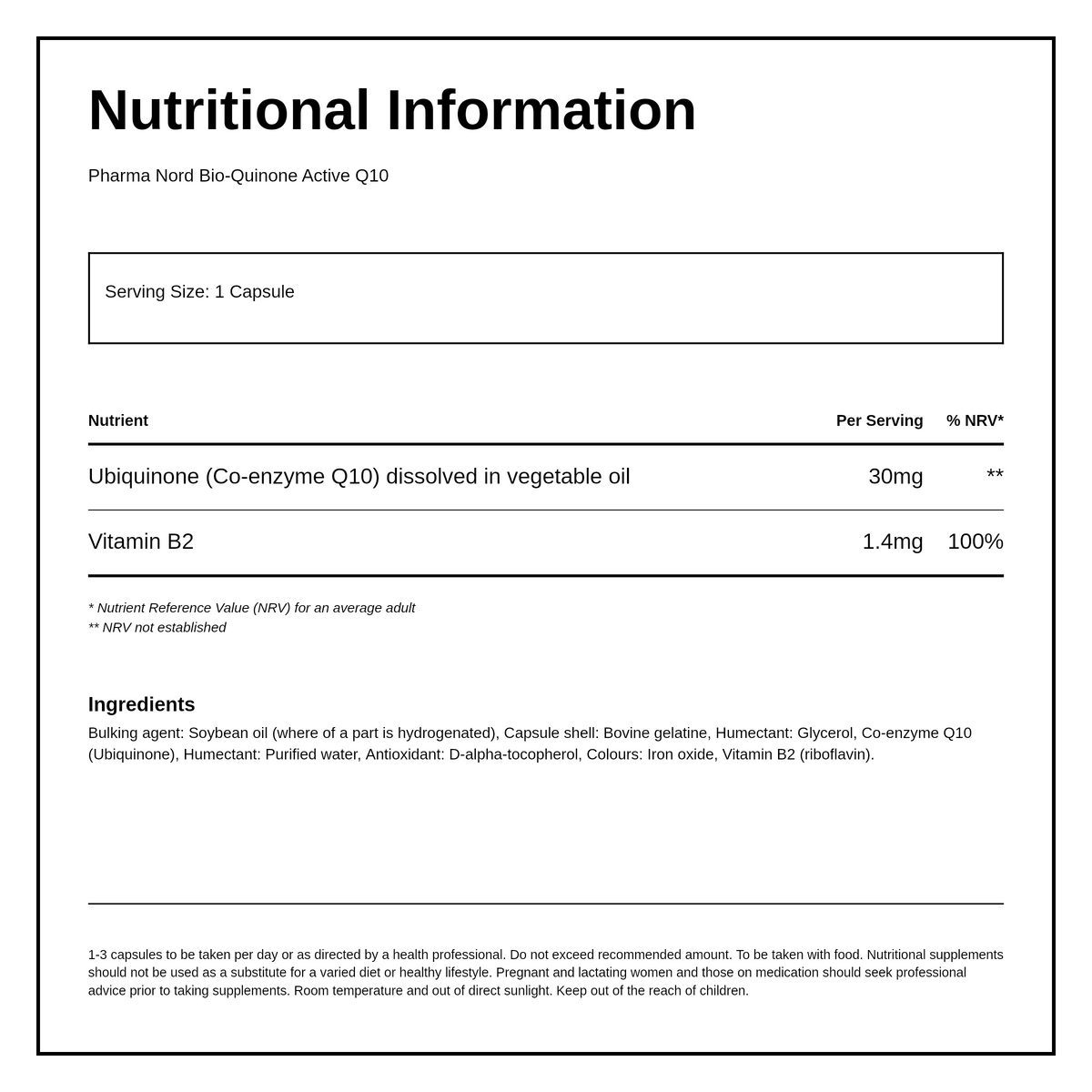 Pharma Nord Bio-Quinone Active Q10 Super 30mg — nutrition information panel, generated from the pack