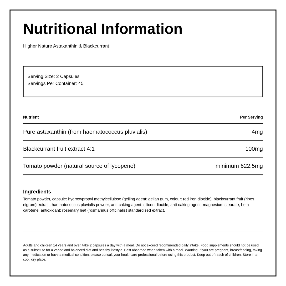 Higher Nature Astaxanthin & Blackcurrant — nutrition information panel, generated from the pack