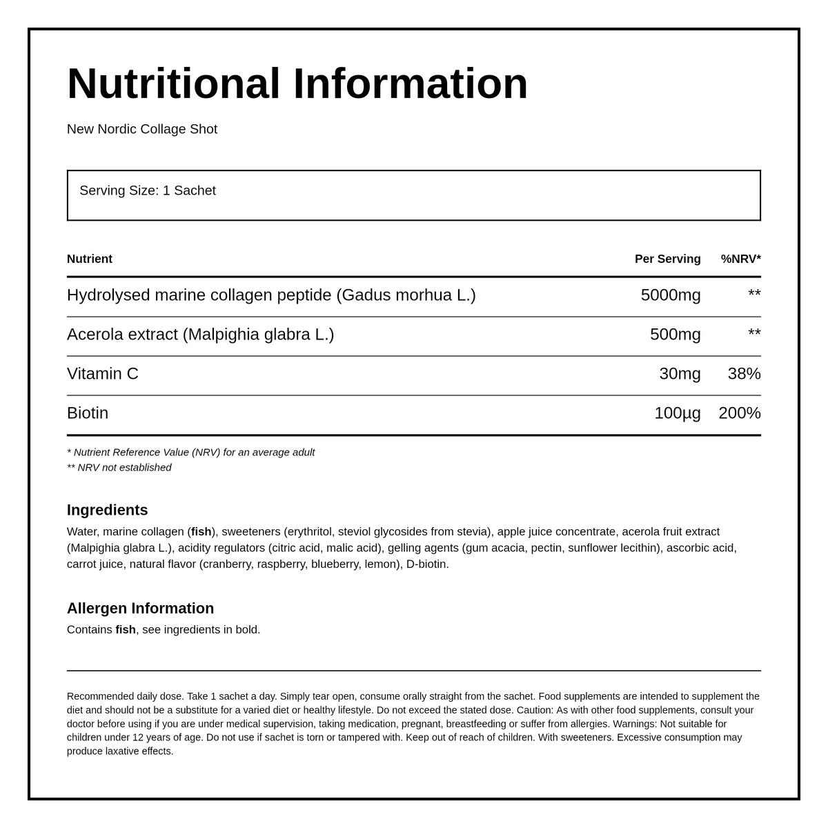 New Nordic Collagen Shot 15 sachets — nutrition information panel, generated from the pack