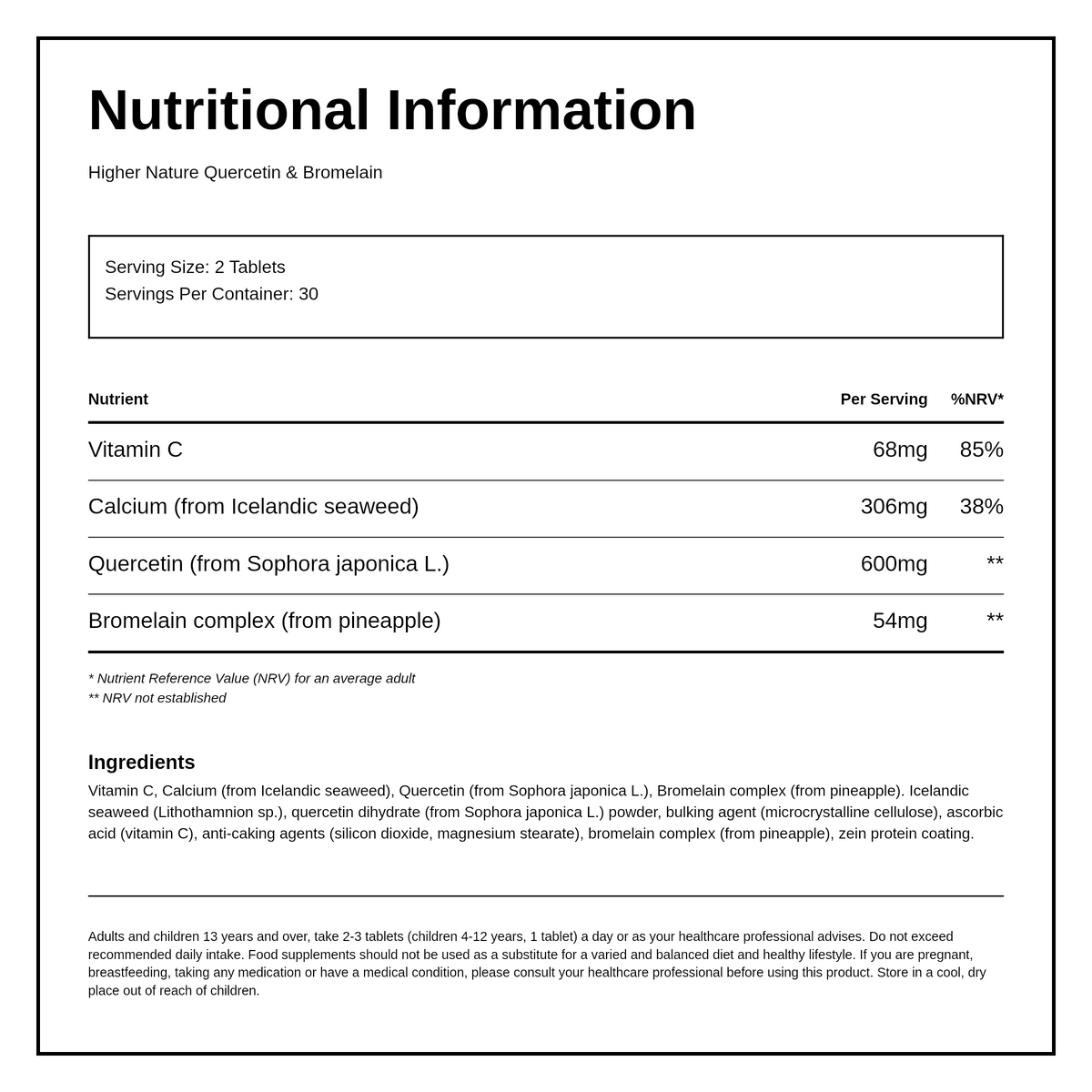 Higher Nature Quercetin & Bromelain 60's — nutrition information panel, generated from the pack