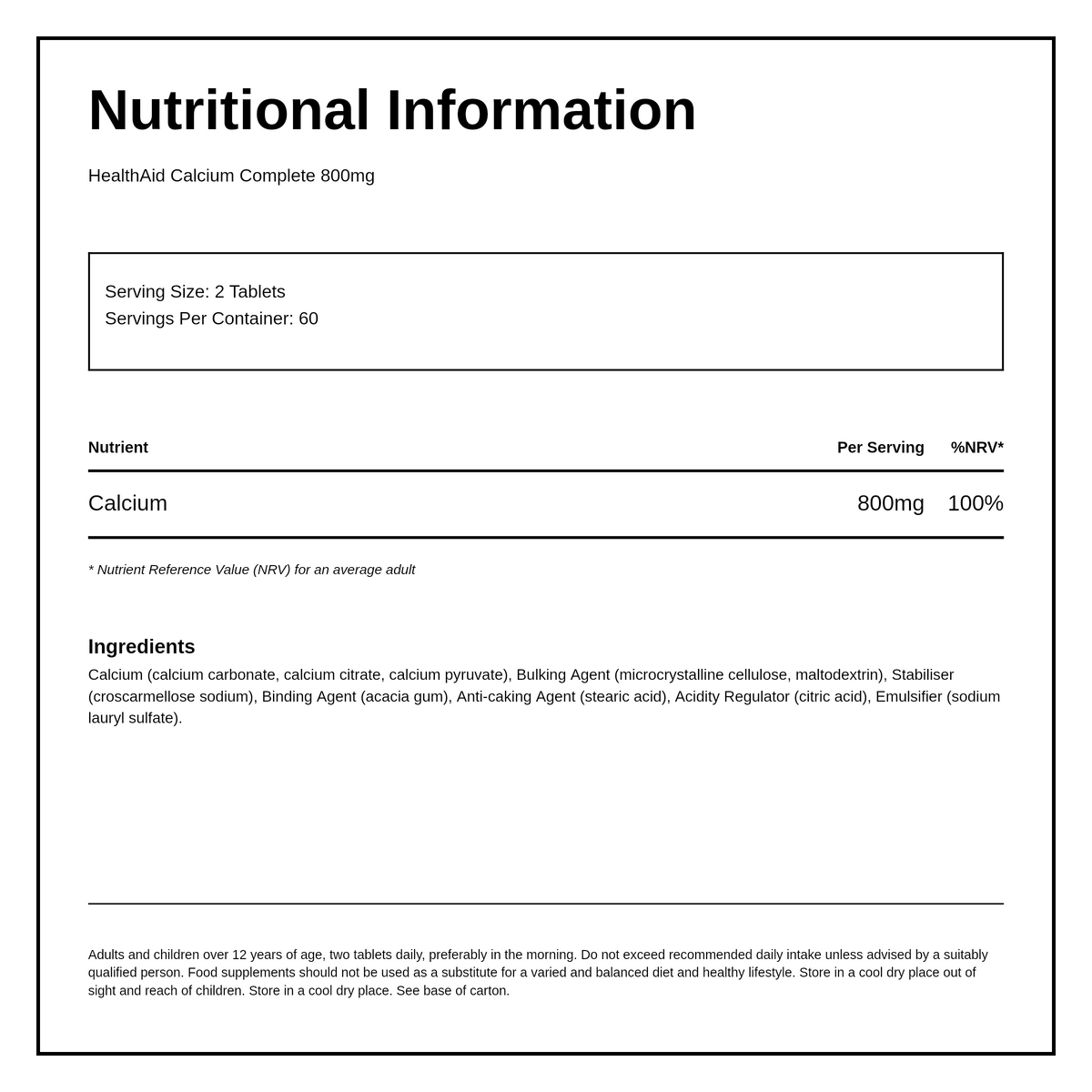 HealthAid Calcium Complete 800mg - 120 Tablets — nutrition information panel, generated from the pack