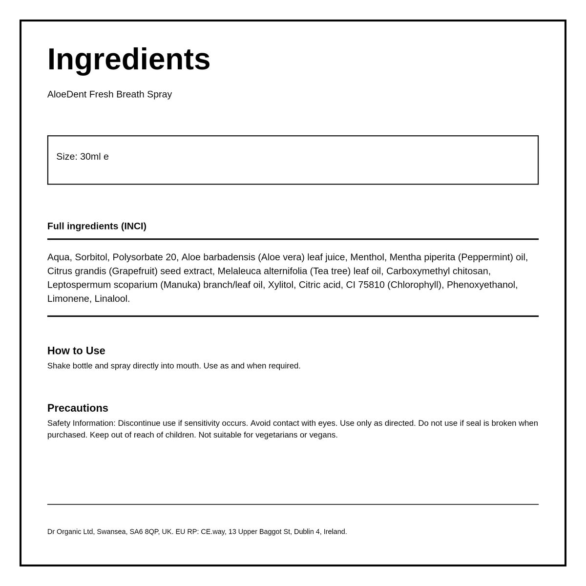 AloeDent Fresh Breath Therapy Spray — ingredients (INCI) panel, generated from the pack