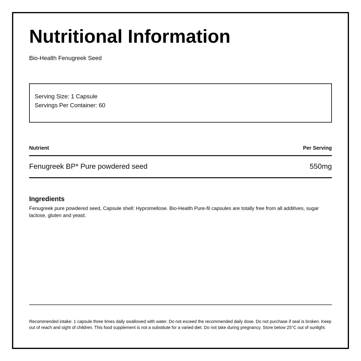 Bio Health Fenugreek Seed Capsules — nutrition information panel, generated from the pack