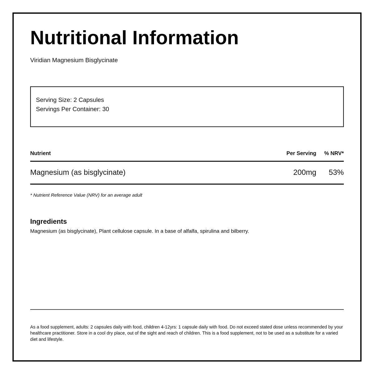 Viridian Magnesium Bisglycinate 60s — nutrition information panel, generated from the pack
