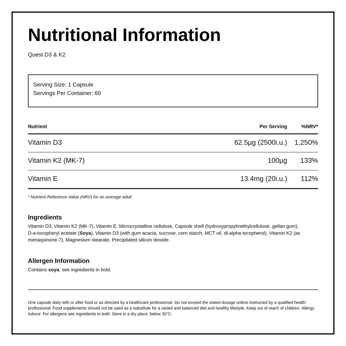 Quest D3 2500 iu & K2 100mcg — nutrition information panel, generated from the pack