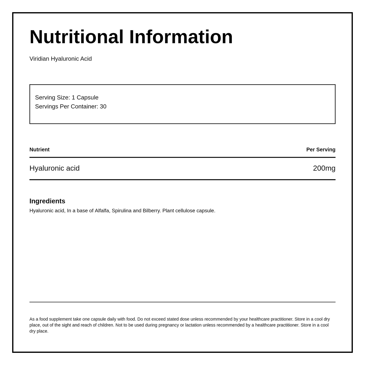 Viridian High Potency Hyaluronic Acid 200mg — nutrition information panel, generated from the pack