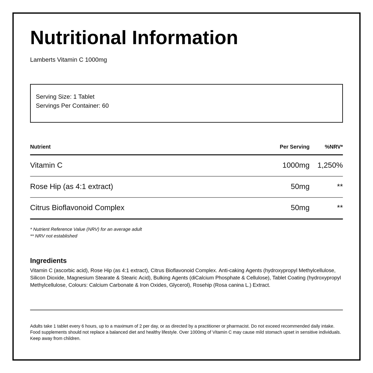 Lamberts Time Release Vitamin C 1000mg — nutrition information panel, generated from the pack