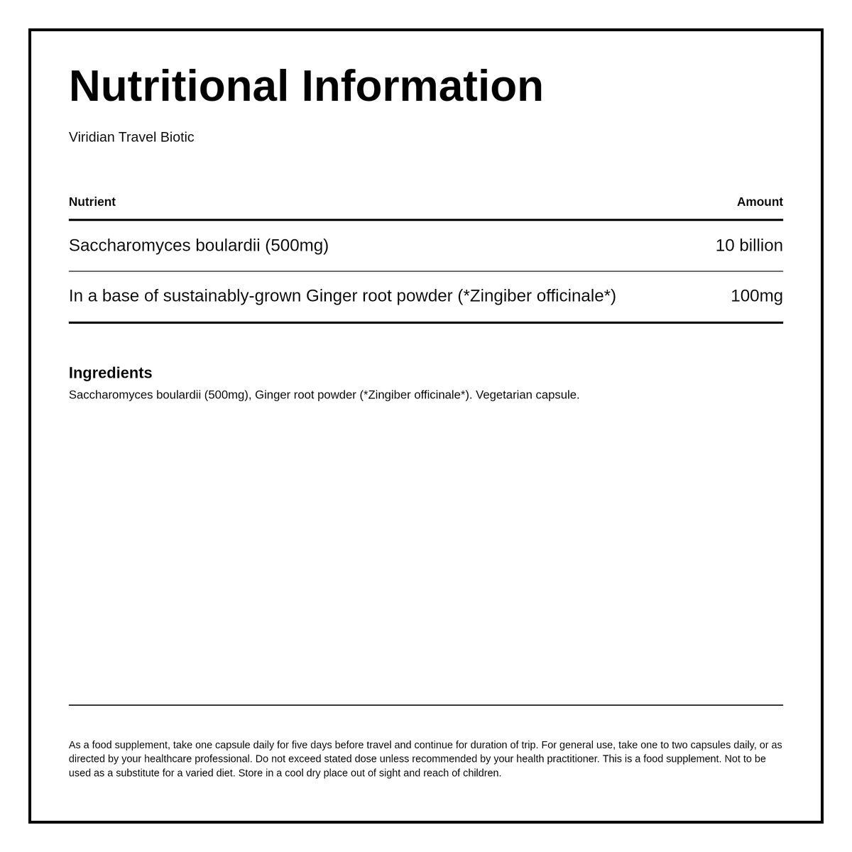 Viridian Travel Biotic — nutrition information panel, generated from the pack