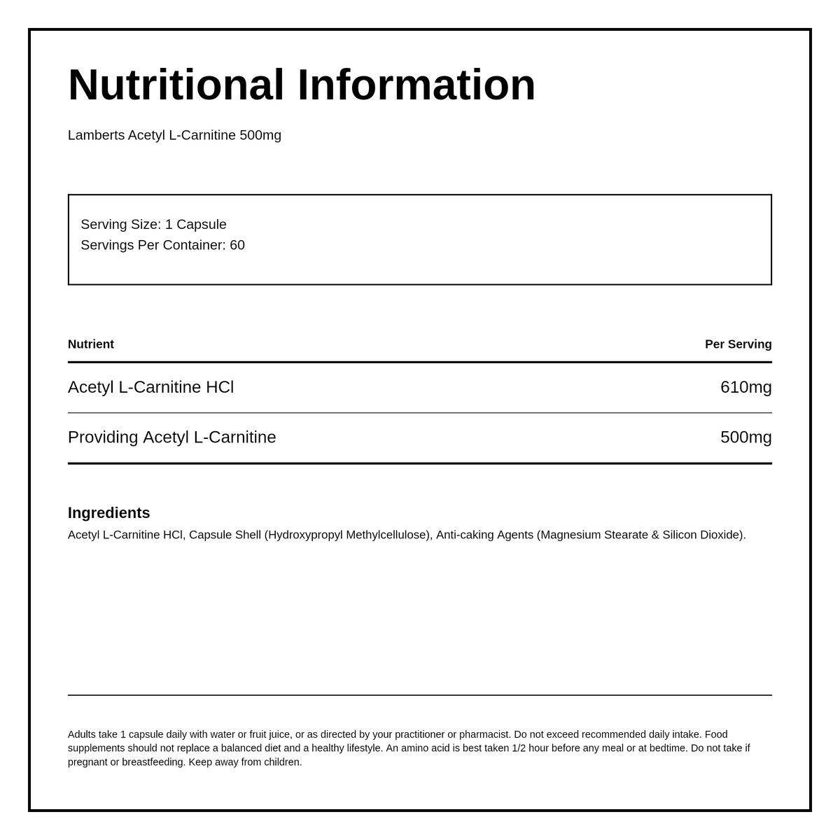 LAMBERTS ACETYL L-CARNITINE 500mg — nutrition information panel, generated from the pack