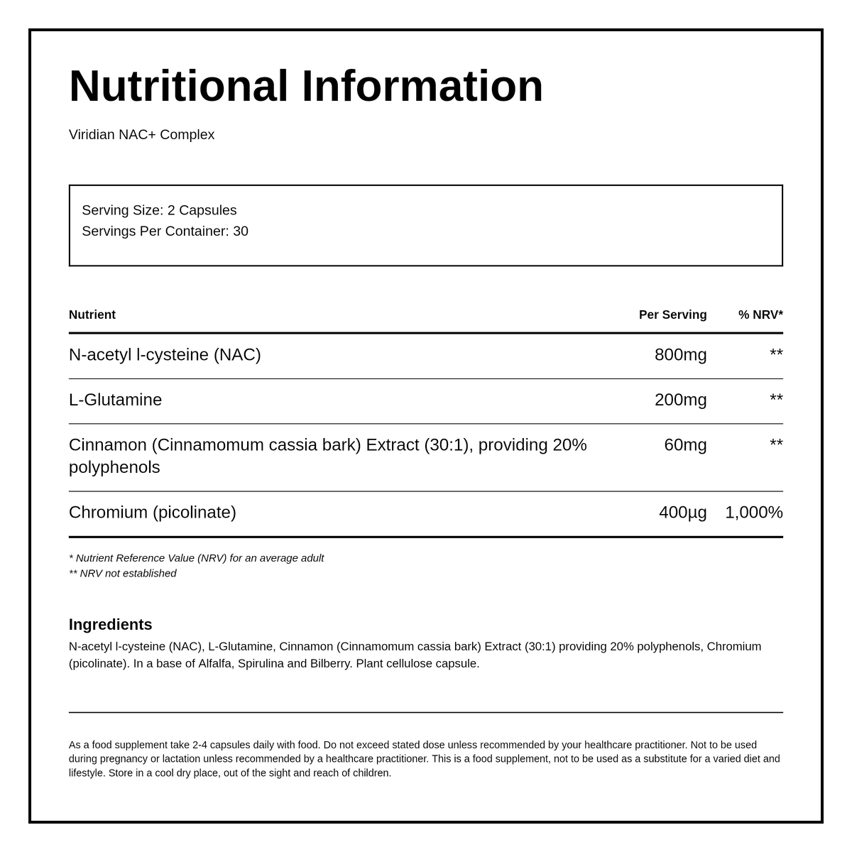 Viridian NAC+ — nutrition information panel, generated from the pack