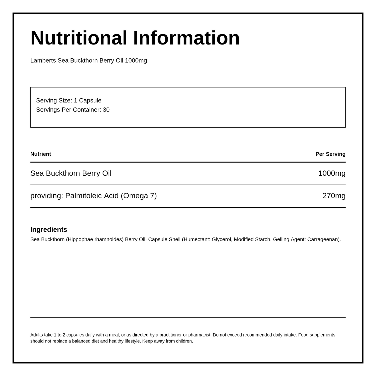 LAMBERTS Sea Buckthorn Berry Oil 1000mg — nutrition information panel, generated from the pack