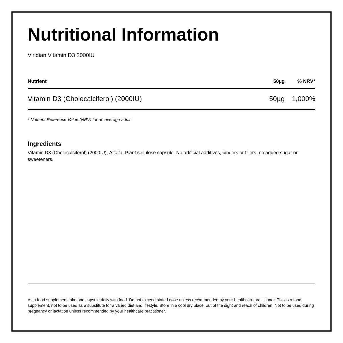 Viridian Vitamin D3 2000iu — nutrition information panel, generated from the pack