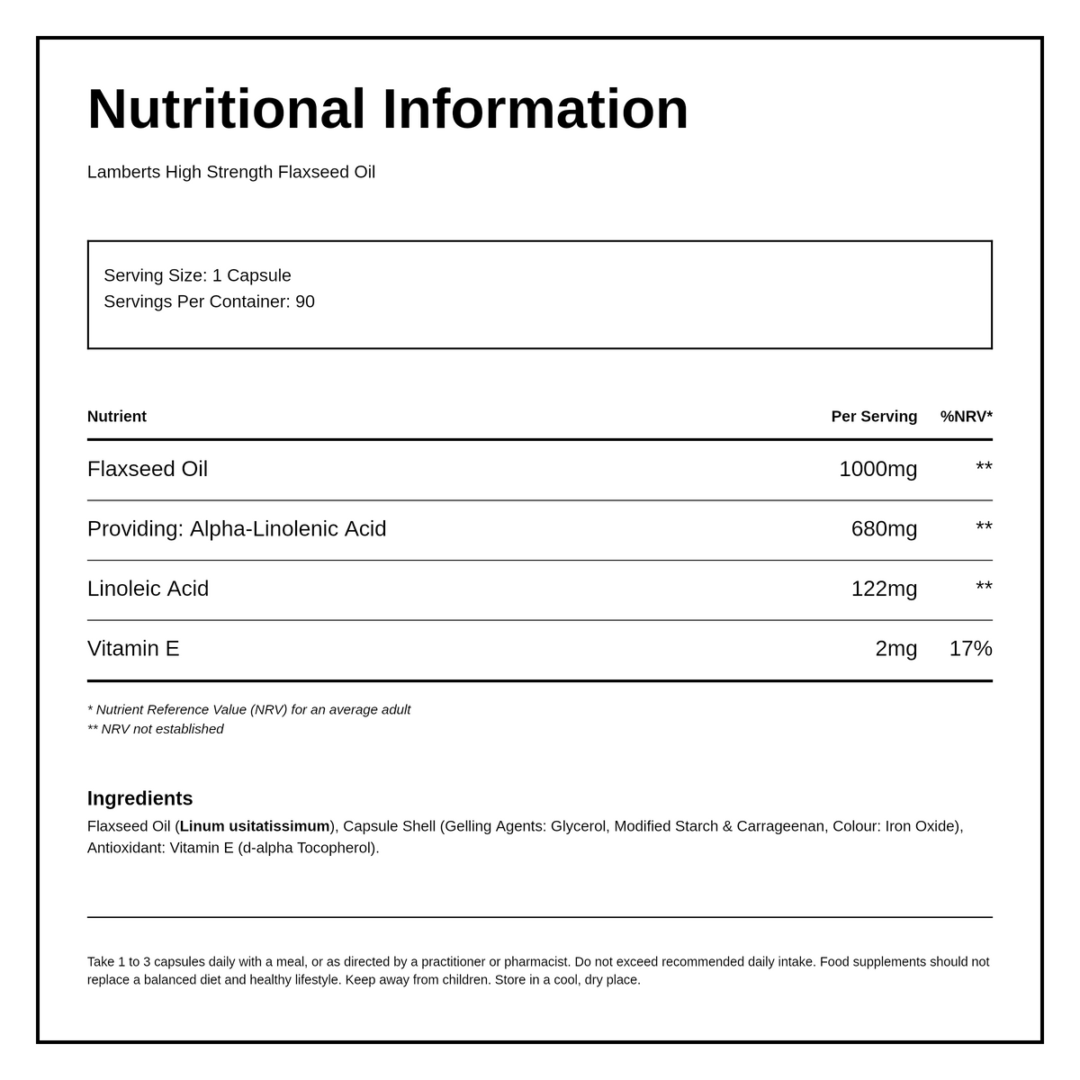 LAMBERTS Flax Seed Oil 1000mg — nutrition information panel, generated from the pack