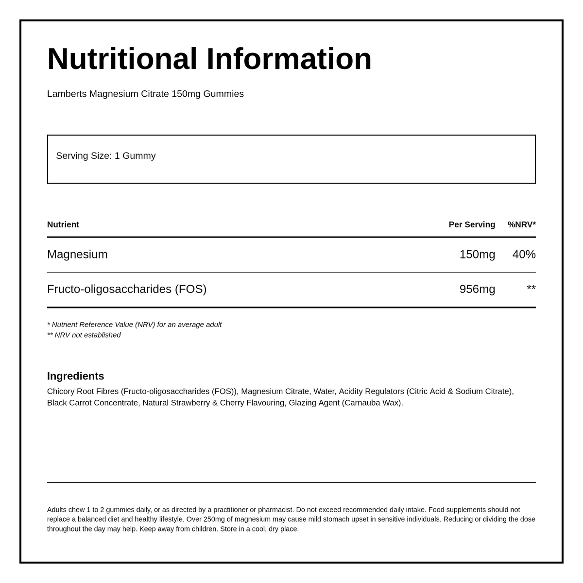 Lamberts Magnesium Citrate Gummies 40s — nutrition information panel, generated from the pack