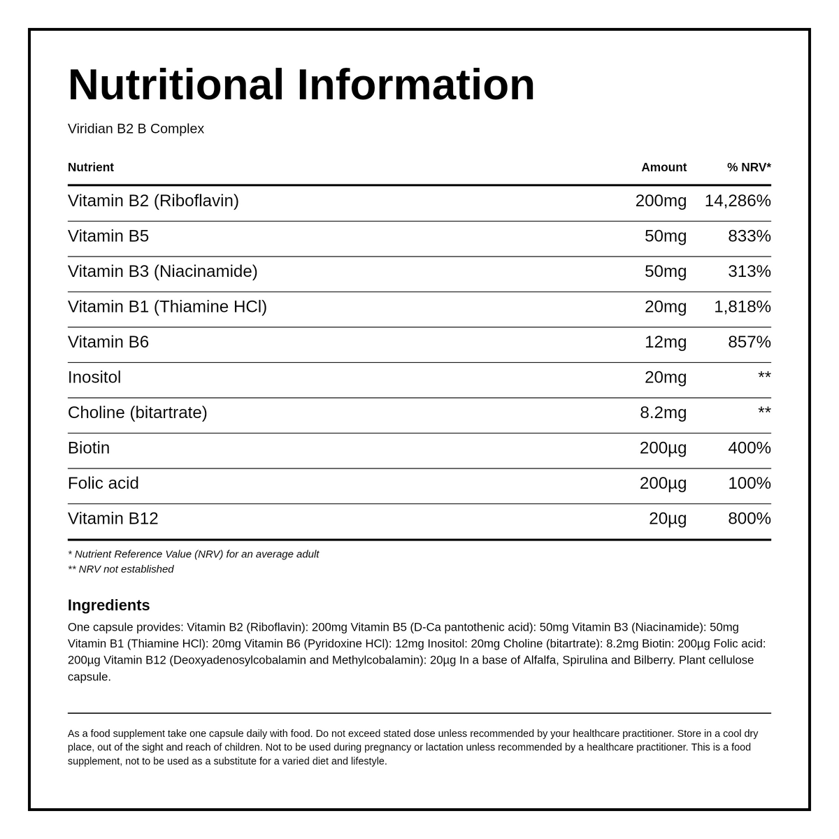 Viridian HIGH TWO B2 B Complex — nutrition information panel, generated from the pack