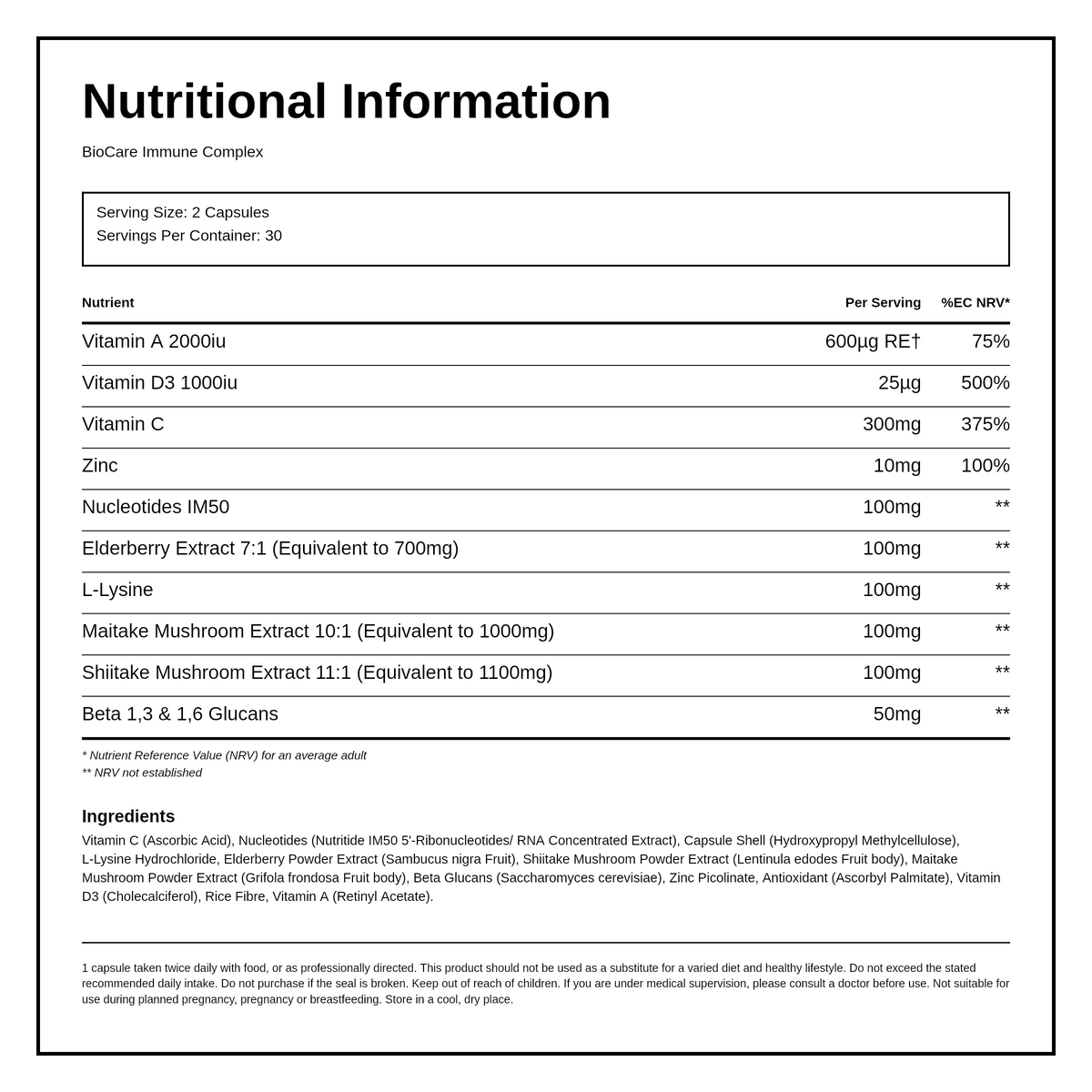 Biocare Immune Complex — nutrition information panel, generated from the pack