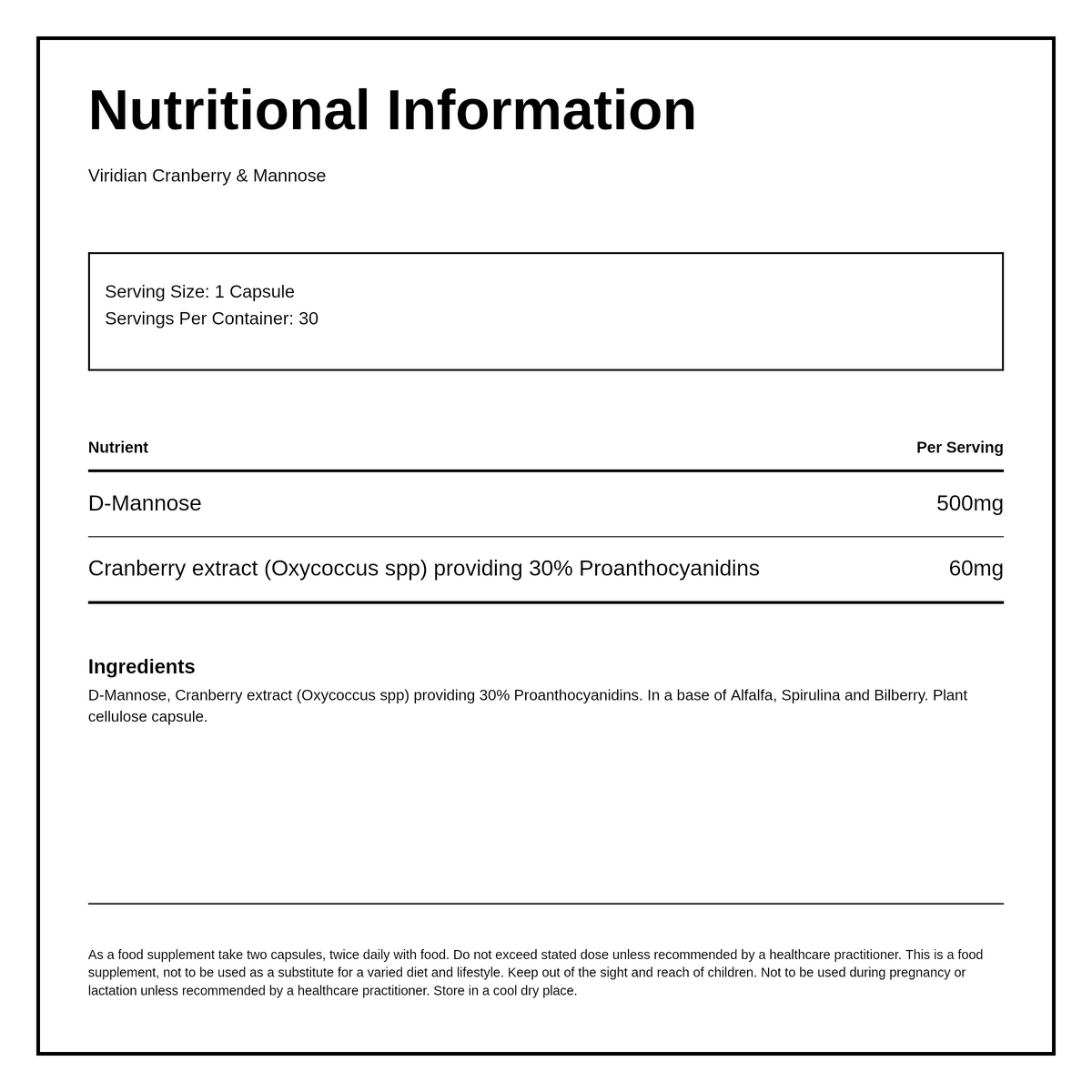 Viridian Cranberry & Mannose 30 caps — nutrition information panel, generated from the pack