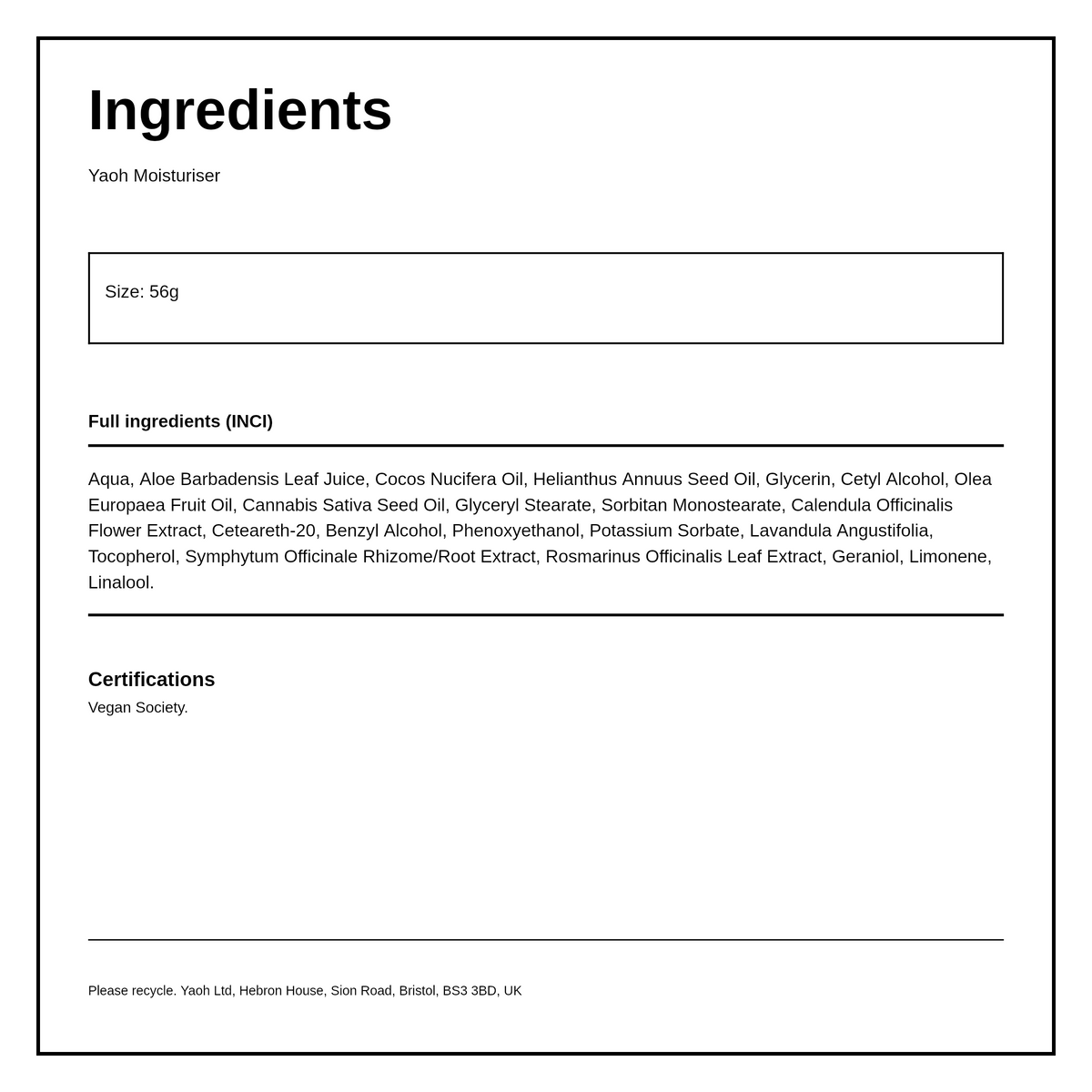 Yaoh Moisturiser Original  Glass Jar — ingredients (INCI) panel, generated from the pack