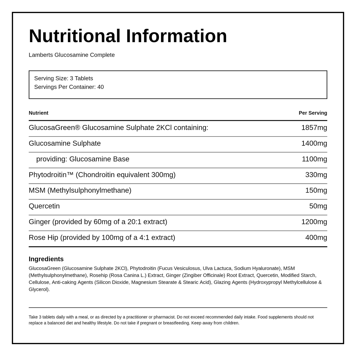 Lamberts Glucosamine Complete — nutrition information panel, generated from the pack