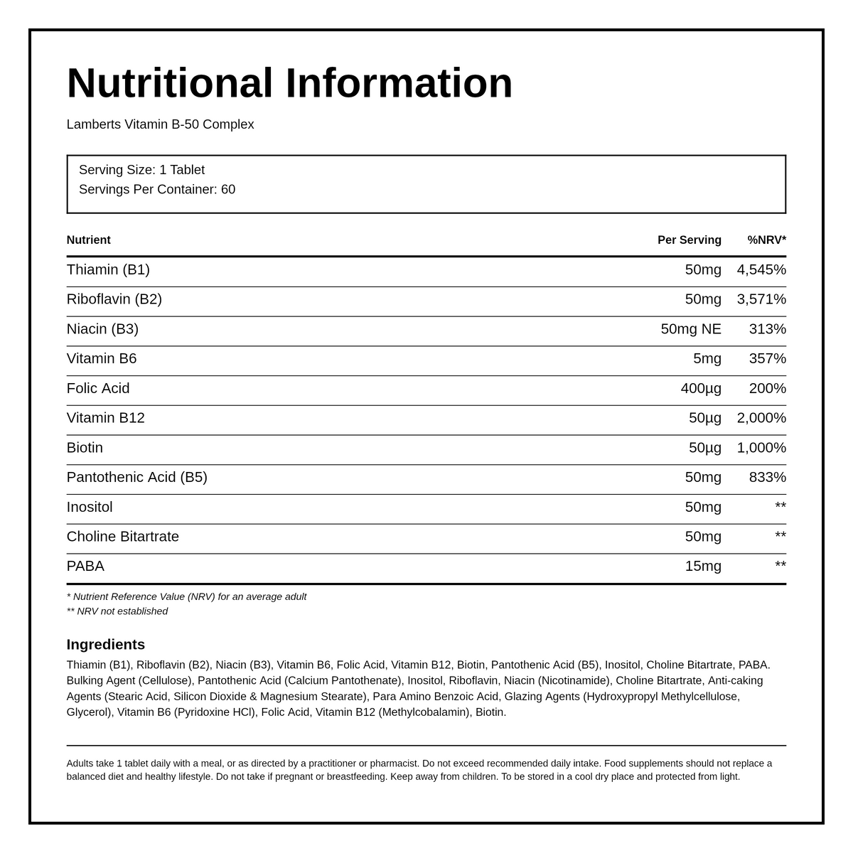 LAMBERTS Vitamin B-50 Complex — nutrition information panel, generated from the pack