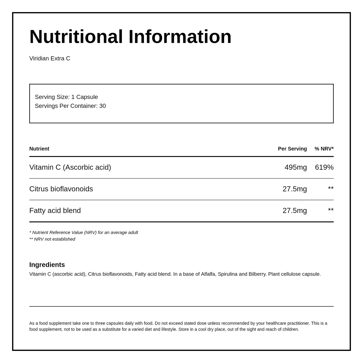 Viridian Extra C 550mg — nutrition information panel, generated from the pack