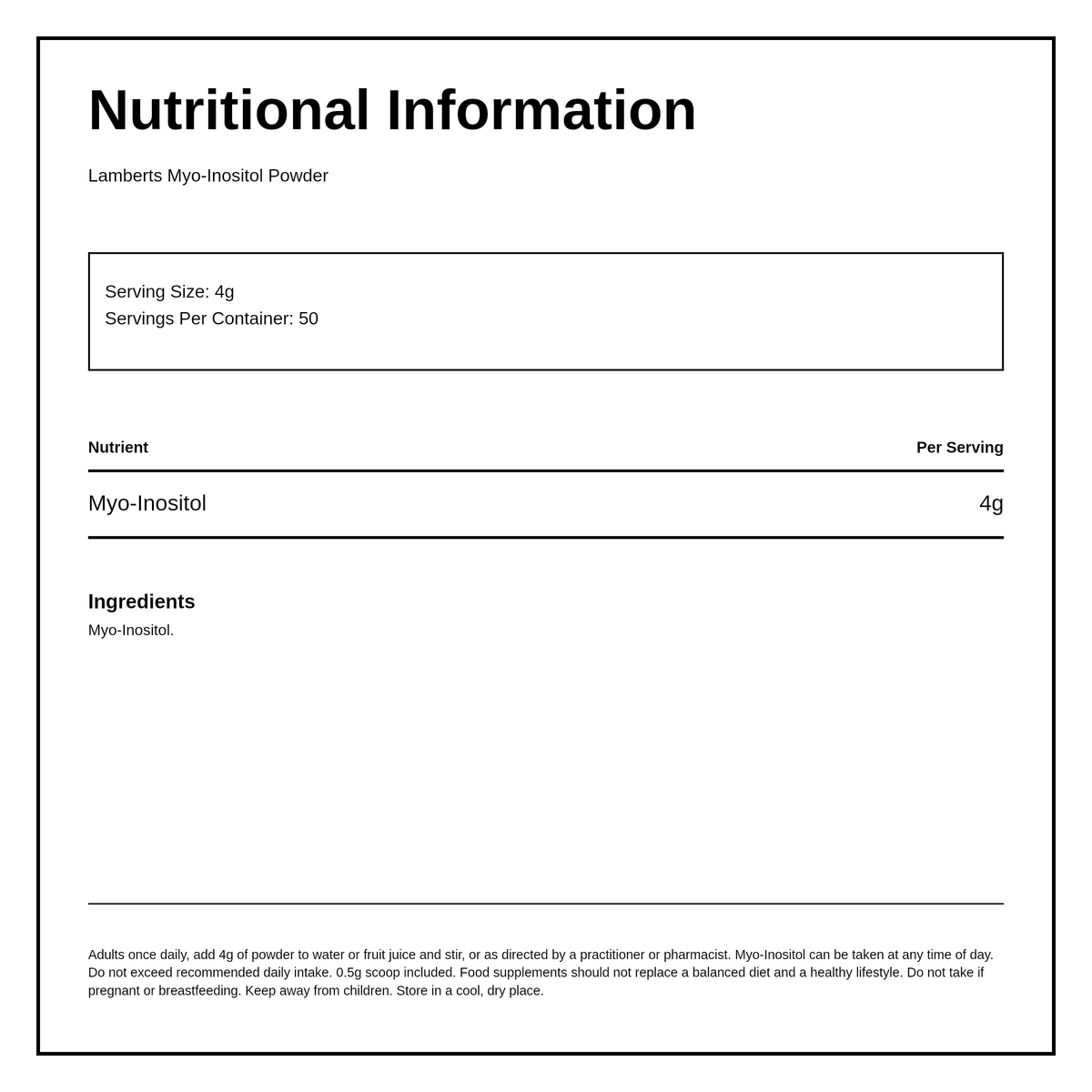 LAMBERTS MYO-INOSITOL — nutrition information panel, generated from the pack