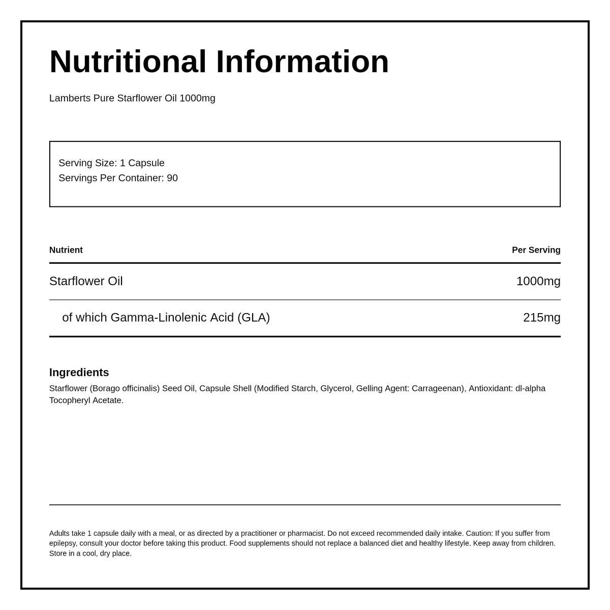 LAMBERTS PURE STARFLOWER OIL 1000mg — nutrition information panel, generated from the pack
