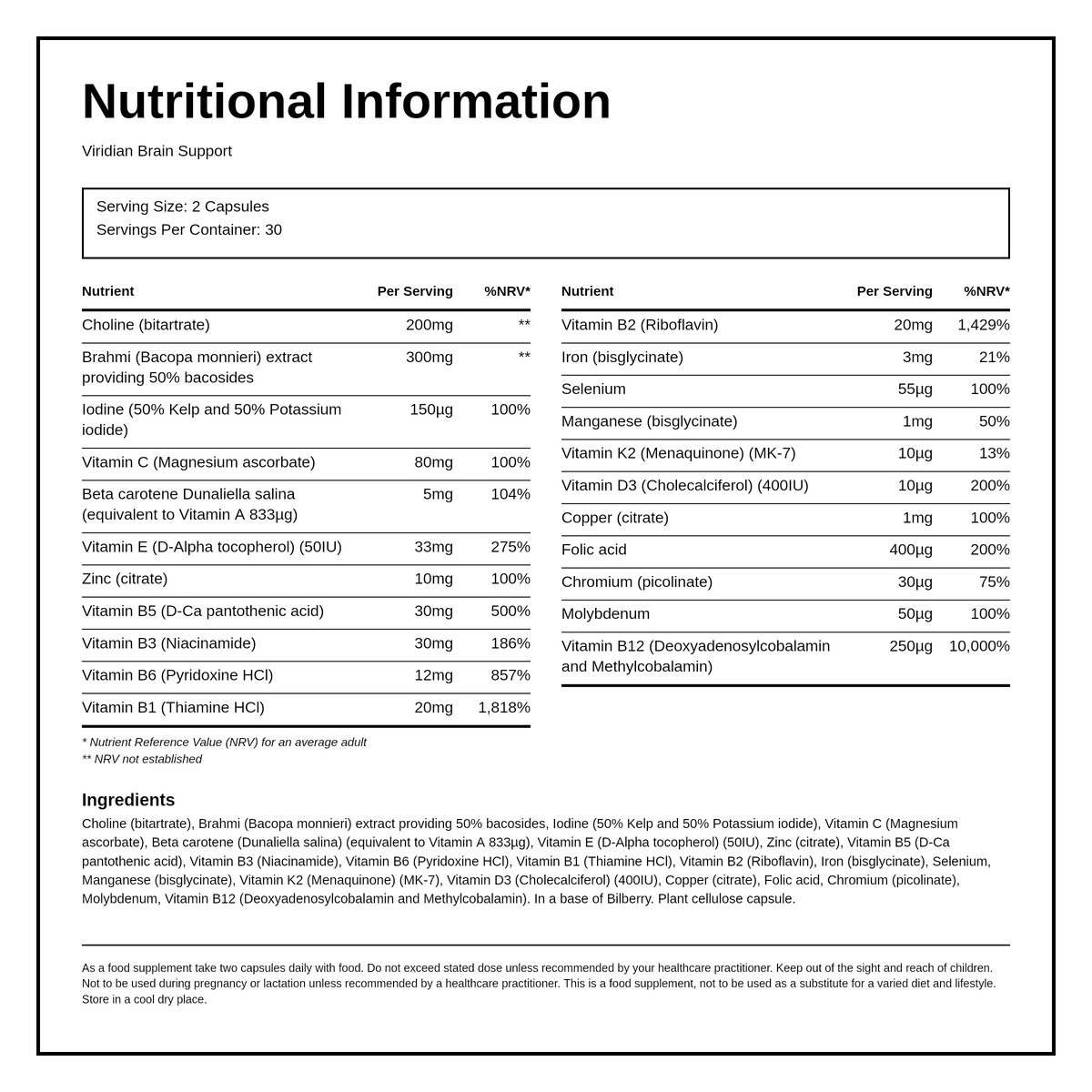 Viridian Brain Support Multi — nutrition information panel, generated from the pack