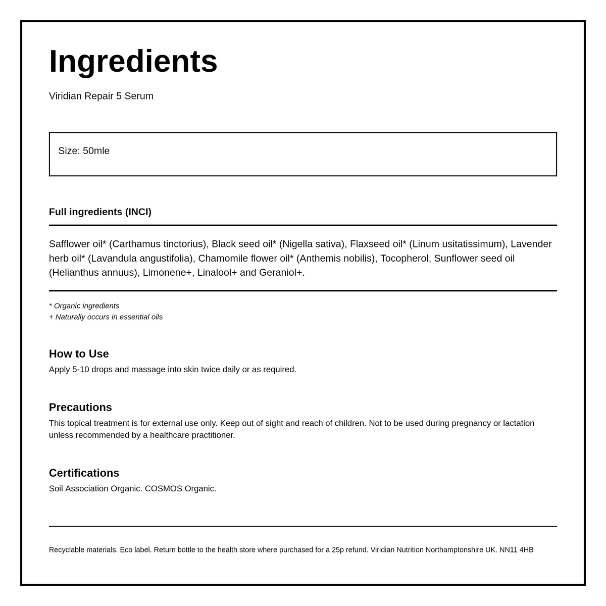 Viridian Organic Repair 5 Serum — ingredients (INCI) panel, generated from the pack