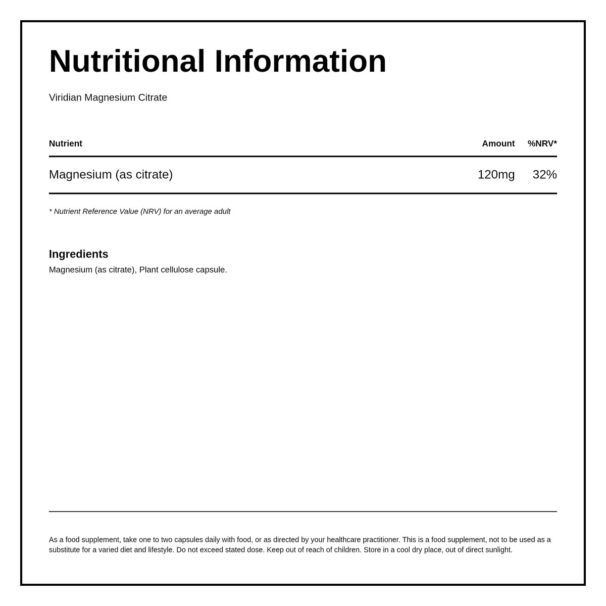 Viridian Magnesium Citrate — nutrition information panel, generated from the pack