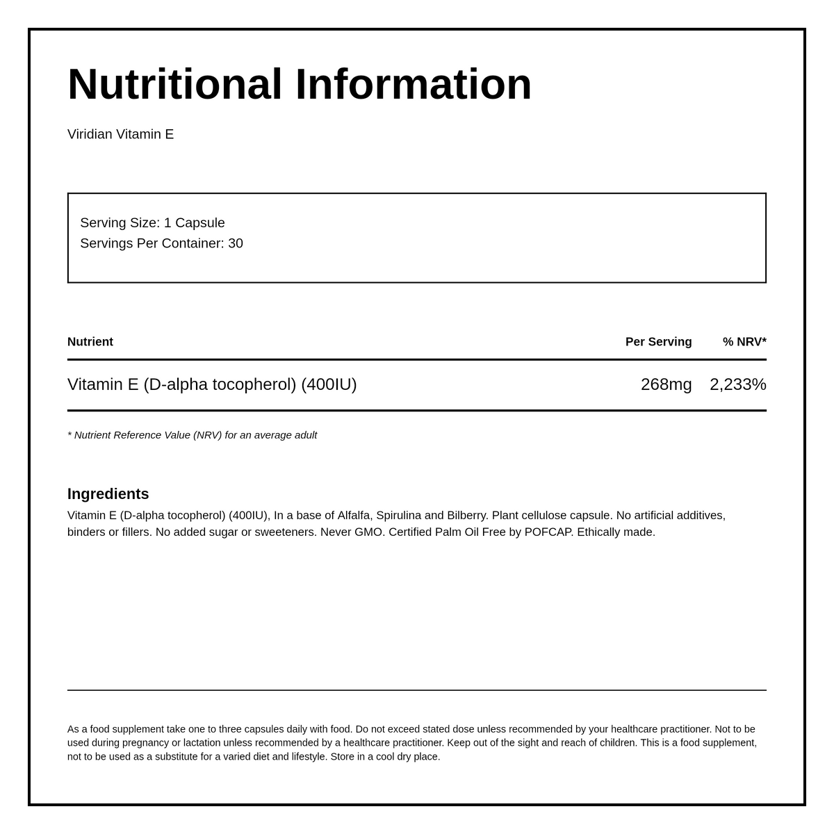 Viridian Vitamin E 400IU — nutrition information panel, generated from the pack