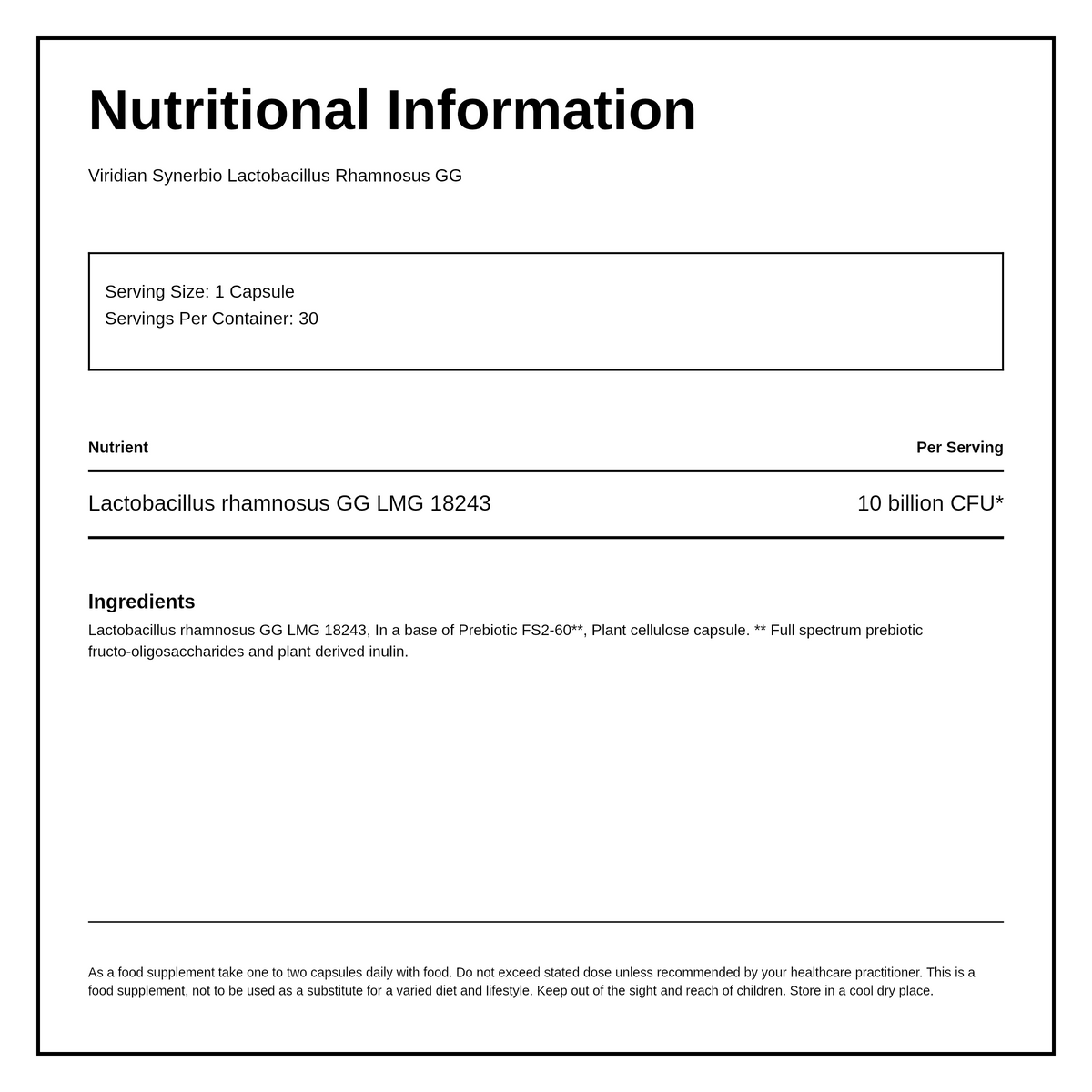 Viridian Synerbio Lactobacillus rhamnosus GG — nutrition information panel, generated from the pack