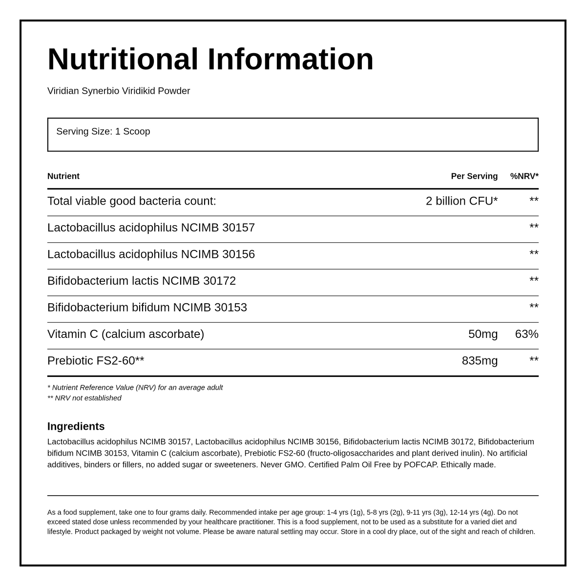 Viridian Synerbio Children's Powder — nutrition information panel, generated from the pack
