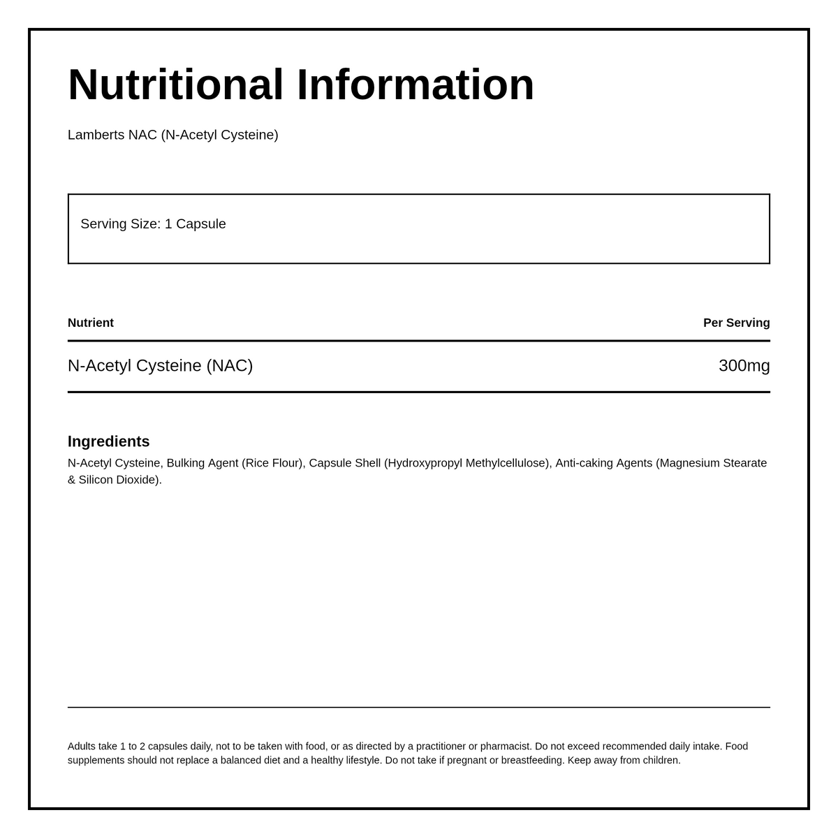 LAMBERTS N-ACETYL CYSTEINE (NAC) 300mg — nutrition information panel, generated from the pack