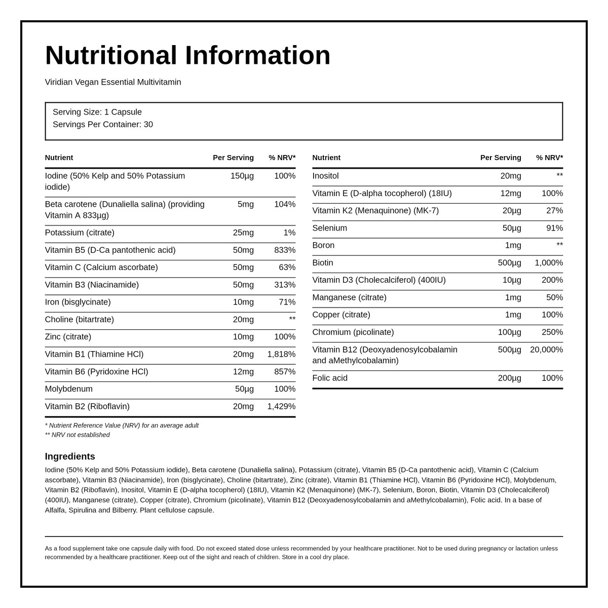 Viridian Essential Vegan Multivitamin — nutrition information panel, generated from the pack