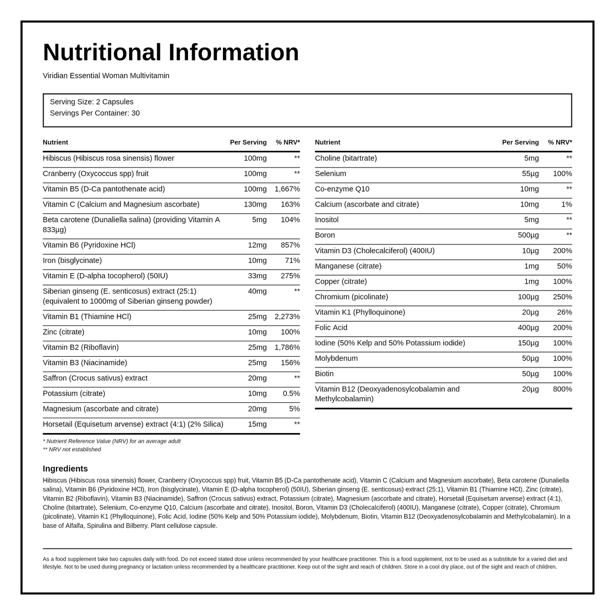 Viridian Essential Woman Multivitamin — nutrition information panel, generated from the pack