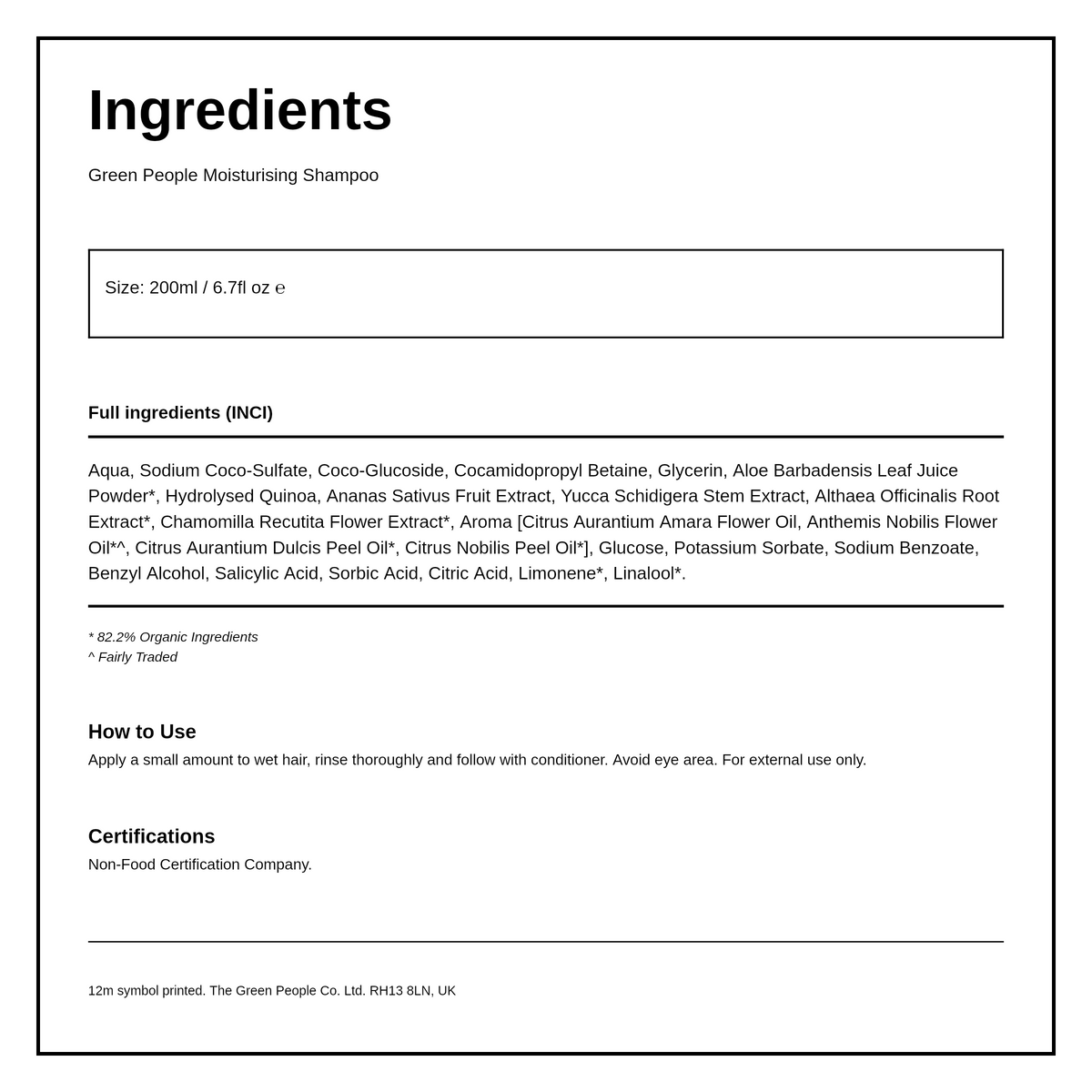 Green People Moisturising Shampoo — ingredients (INCI) panel, generated from the pack