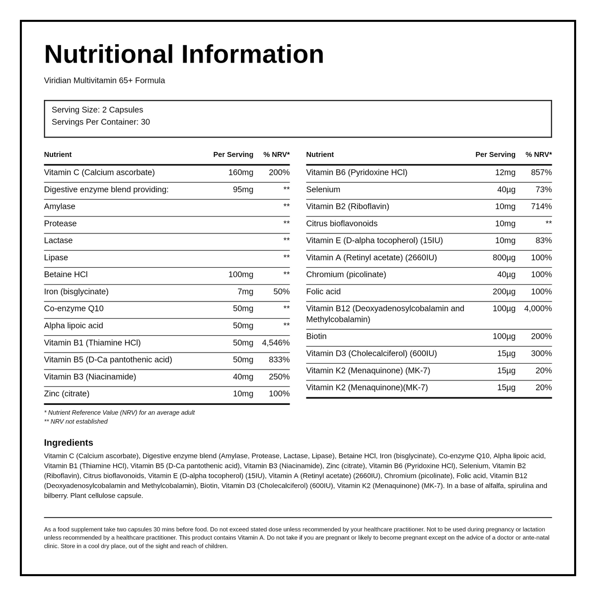 Viridian 65+ Formula Multivitamin — nutrition information panel, generated from the pack