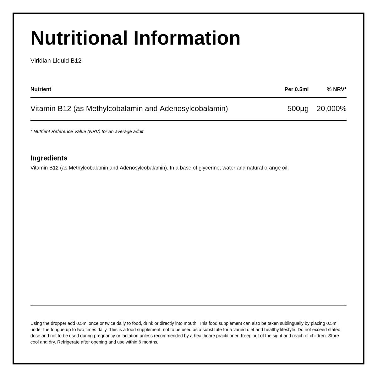 Viridian Liquid B12 — nutrition information panel, generated from the pack